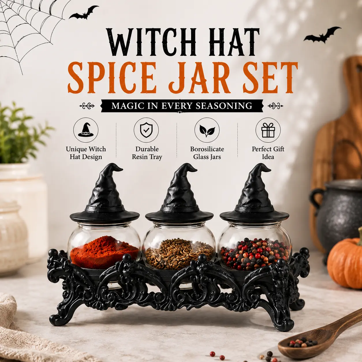 Gothic Evil Witch Style Glass Storage Jar Set (3 Pieces) with Vintage Black Resin Carved Base - Kitchen Gadget Spice Rack, Tabletop/Kitchen Countertop/Entryway Storage Jars, Candy Jars, Decorative Items