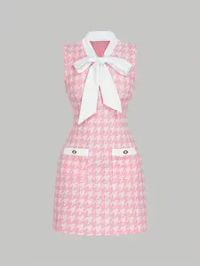 Women's Vintage Elegant Plaid Bow Tie Sleeveless Mini Dress, Soft Spring Summer Chic Fashion, Back-To-School, Valentine's Day Gift