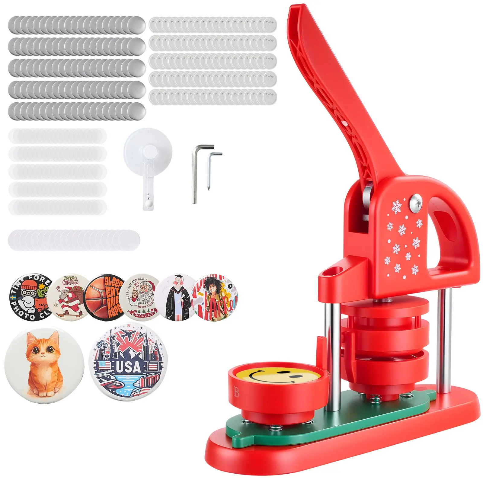 VEVOR 58mm (2.28in) Badge Maker Machine, Plastic Pin Maker with 100pcs Plastic Parts, Round Cutter, Hex Wrenches, Reinforced Ergonomic Handle, for DIY Round Pins, Key Chains, Red, Circle Cutter