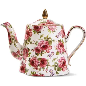 Floral Tea Pot, 30 OZ Ceramic Vintage Teapots, Porcelain Cute Tea Pot with Pink Roses and Gold Trim, Decorative Teapot for Tea Party, Housewarming, Christmas, Thanksgiving Gifts
