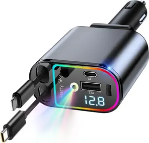 Retractable Car Charger with 2 Retractable Cables USB Port Power Delivery, Compact Design for Car, Phone, Tablet, Laptop - Safe & Portable for Travel, Commuting, Work, Car Charger, Commuting Accessory