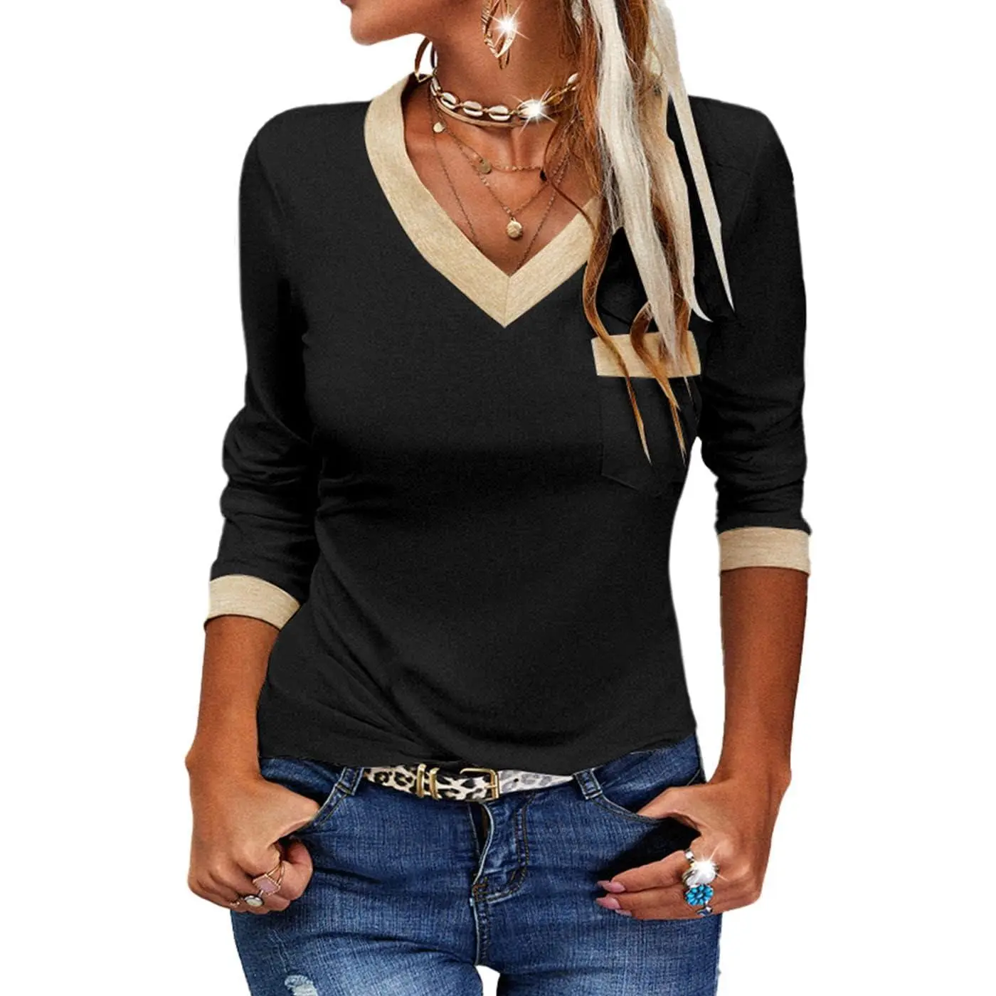 Imily Bela Womens Long Sleeve T Shirts Casual V Neck Color Block Tunic Tops Loose Basic Top Fashionable Comfortable Wardrobe Essential