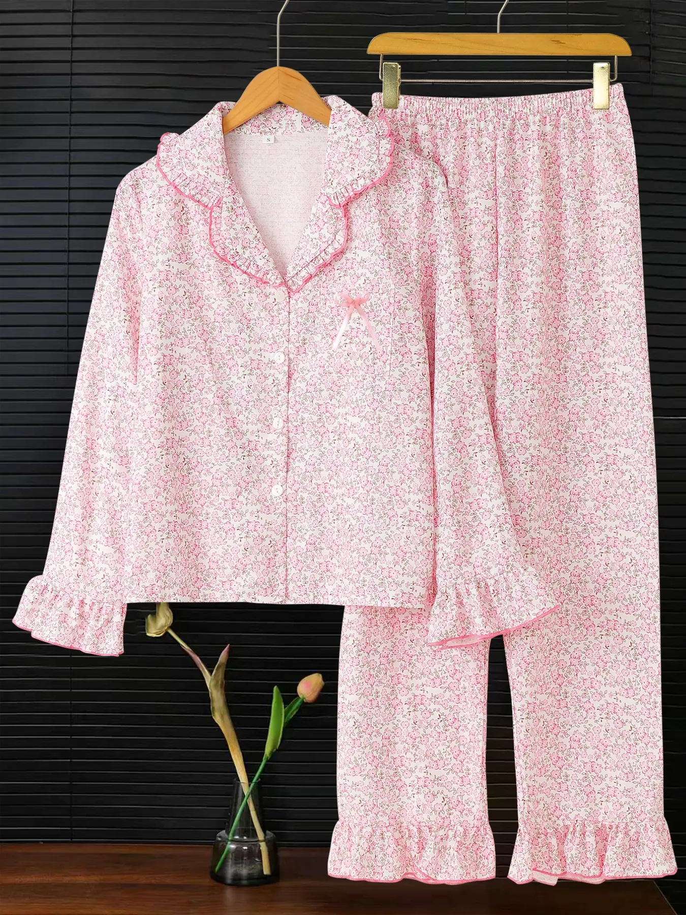 Elegant Floral Print Women's Pajama Set, Ruffled Lace Trim Long Sleeve Cardigan with Matching Straight Pants, Cozy Sleepwear Ensemble, Sleepwear Loungewear Set