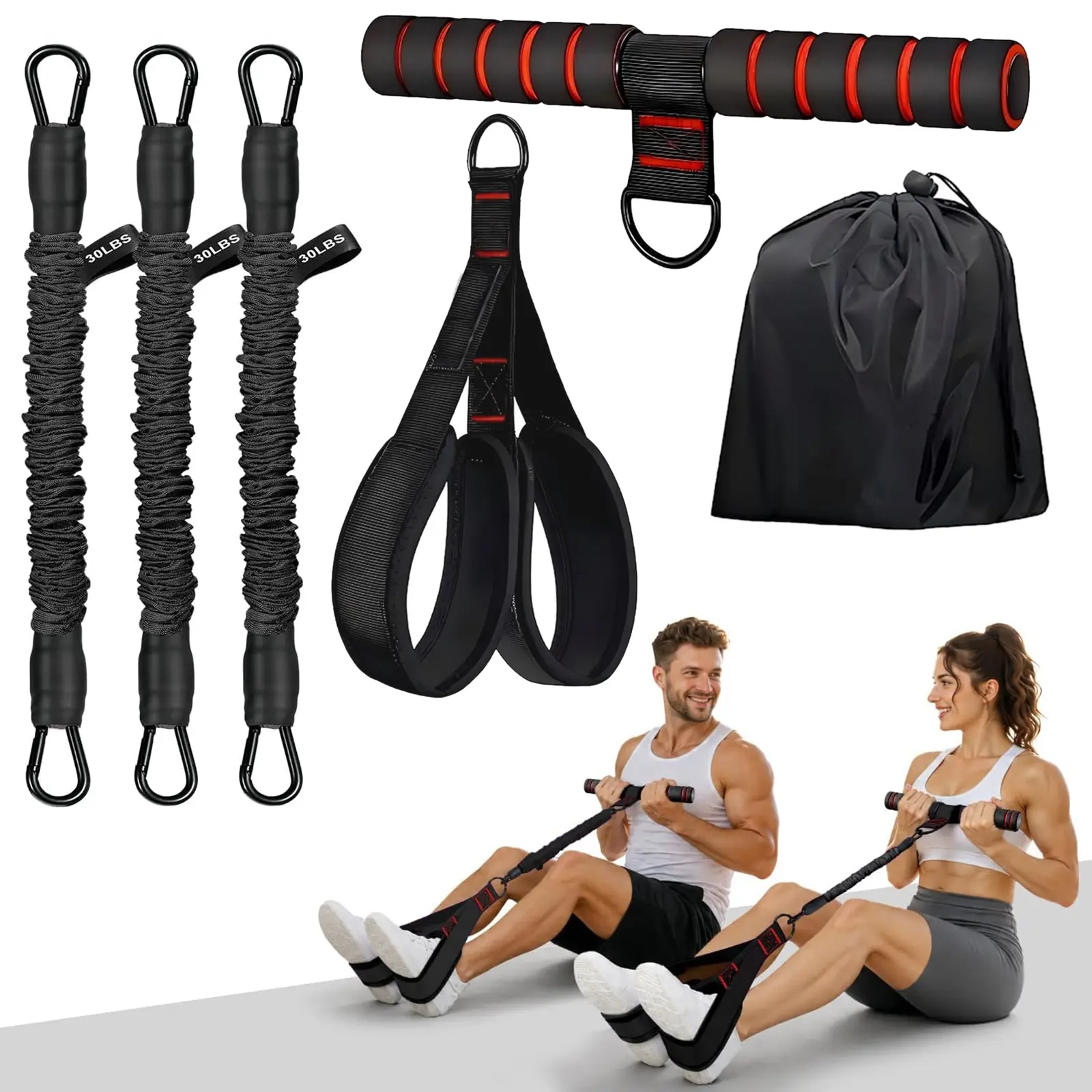 Unisex Foot Pedal Elastic Bands with Grips - Detachable Ropes, Home Gym Strength Training Equipment That Includes Ankle Straps for Core Workout, Yoga