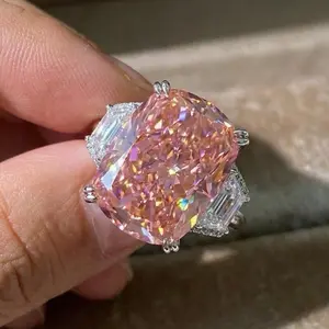 Pink Cushion Cut Statement Ring | 11*15mm | Sparkly Pink Three-Stone Cocktail Ring | Luxury High Carbon CZ Ring | 925 Silver Big Pink Ring