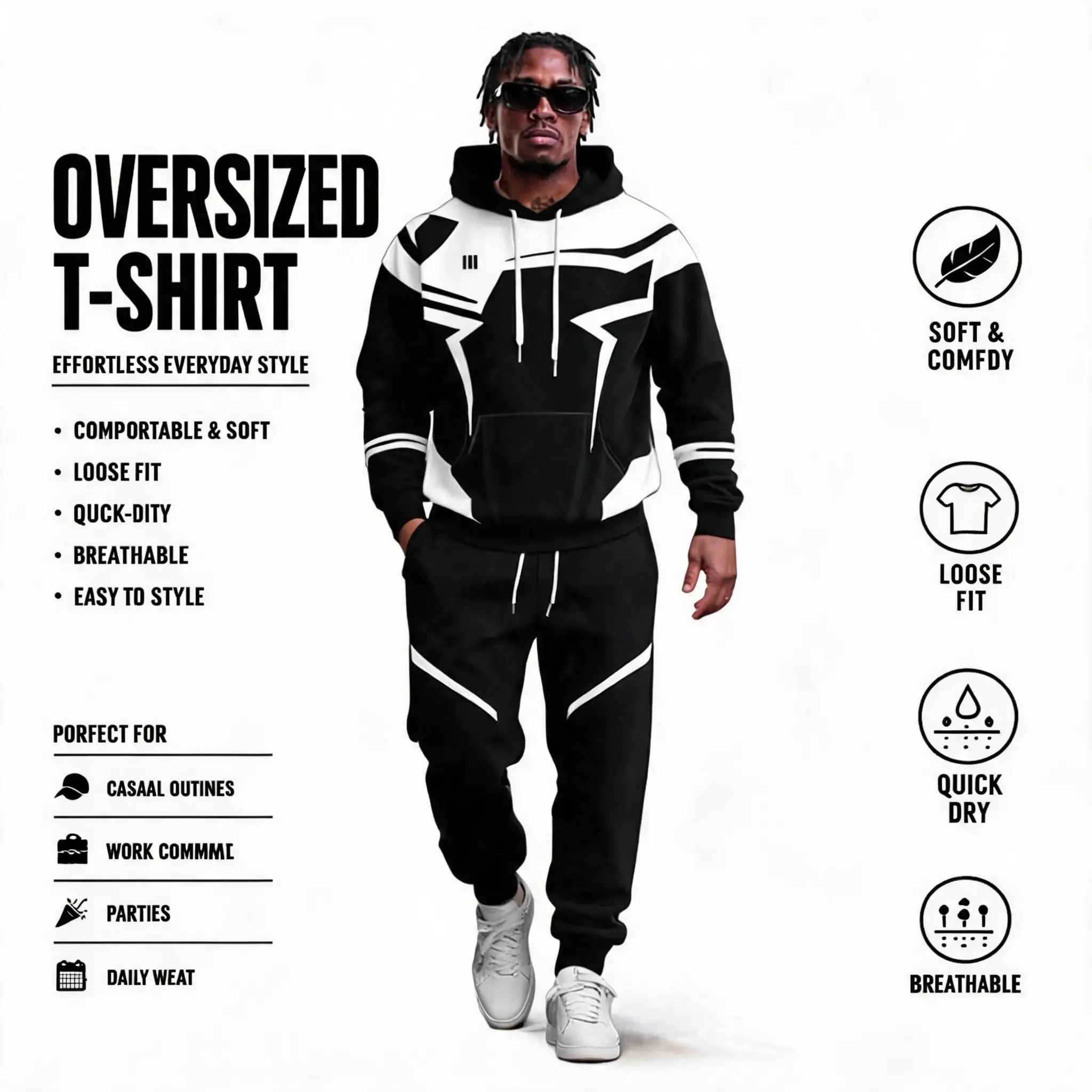 Men's Color Block Tracksuit 2 Piece Outfit, Oversized Pullover Hoodie & Jogger Pants Hip Hop Streetwear Sweatsuit Set Black White