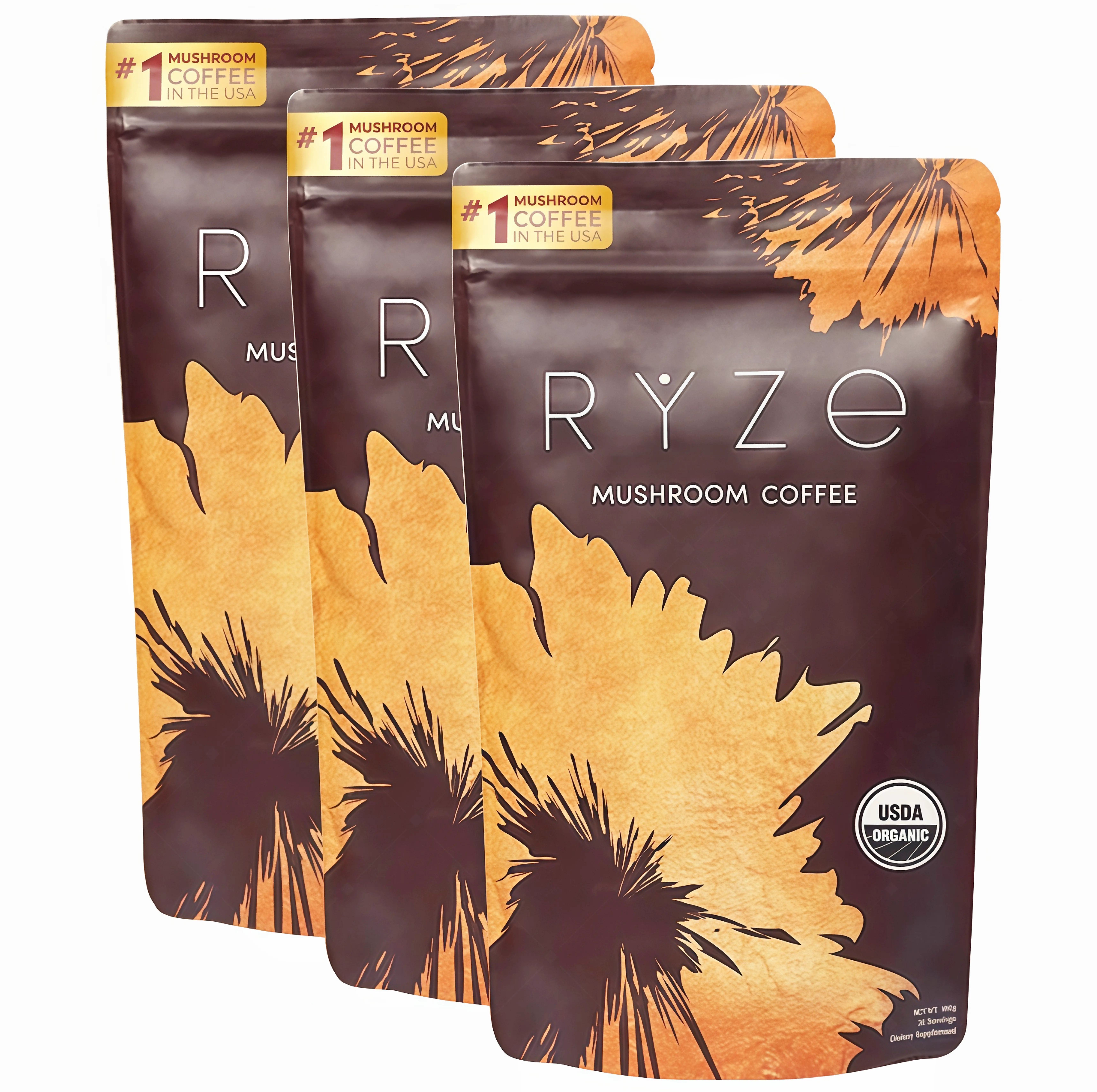 3 Pack RYZE Mushroom Coffee USDA Organic with 6 Adaptogenic Mushrooms and MCT Oil DB USA Grown Instant Coffee for Better Energy, Focus, Digestion, Immunity with Turkey Tail, Shitake, Lion's Mane, 30 Servings Vitamin
