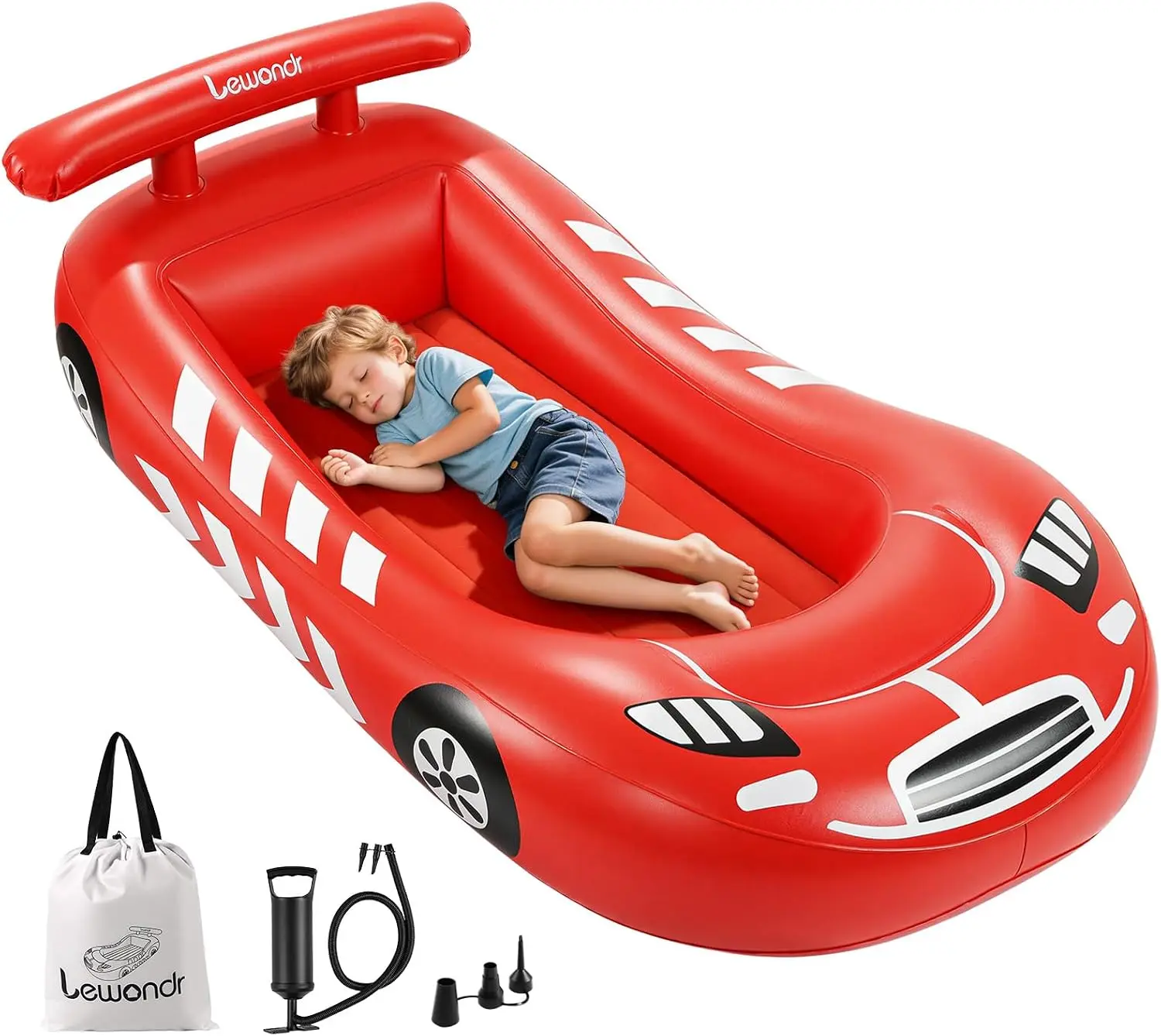 Inflatable Kids Bed, Racecar Toddler Air Mattress with Safety Bumpers, Toddler Blow up Mattress with Hand Pump, Portable Toddler Travel Bed for Camping, Sleepovers, Vacation & Home, Red