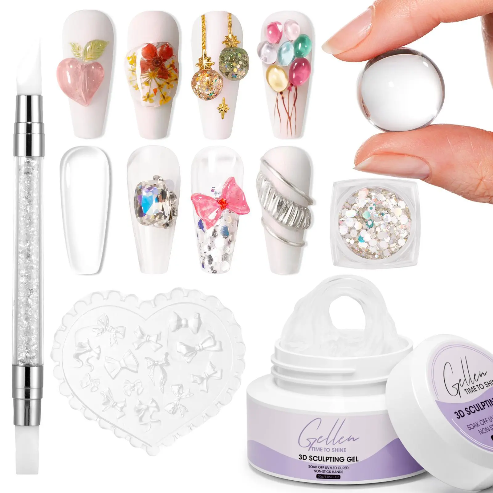 Gellen 3D Gel Nail Art Kit - Clear 3D Nail Art Sculpting Gel Non-Sticky to Hand, 3D Nail Gel for DIY, Hard Nail Gel Extension Gel, Carving Gel with 3D Silicone Mold Resin Durable