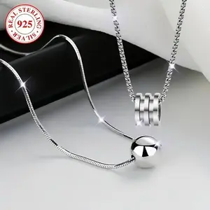 2pcs S925 Sterling Silver Necklace, New For Autumn And Winter Retro Minimalist Style, Simple Ball Pendant, Snake Bone Chain, Elegant Anniversary Gift Birthday Gift Christmas Gift For Wife And Girlfriend, 4.3g/0.15oz