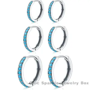 3 Pairs Mini Hoop Earrings Set Turquoise Cubic Zirconia Huggie Hoop Cartilage Earring Ear Cuff for Women (Turquoise/CZ)