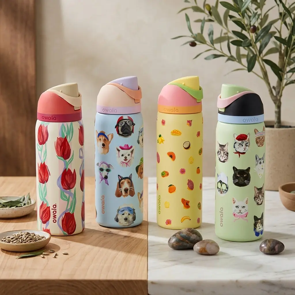 Owala FreeSip Insulated Stainless Steel Water Bottle - 24oz/32oz, BPA-Free, Leak-Proof, 2-Way Spout, Built-In Straw, for Travel & School, Just Ripe/Dog-Cat Collage/Tulip Bouquet Designs