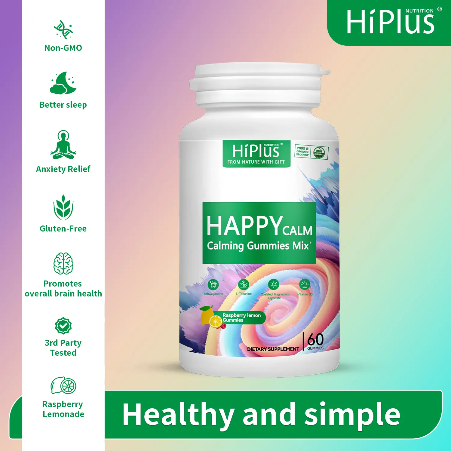 HiPlus HAPPYCALM Gummies - Raspberry Lemonade with L-Theanine, KSM-66 Ashwagandha & Magnesium Glycinate - Stress Relief & Focus Supplement, No Sugar, 60 Gummies，Stress Relief Gummies