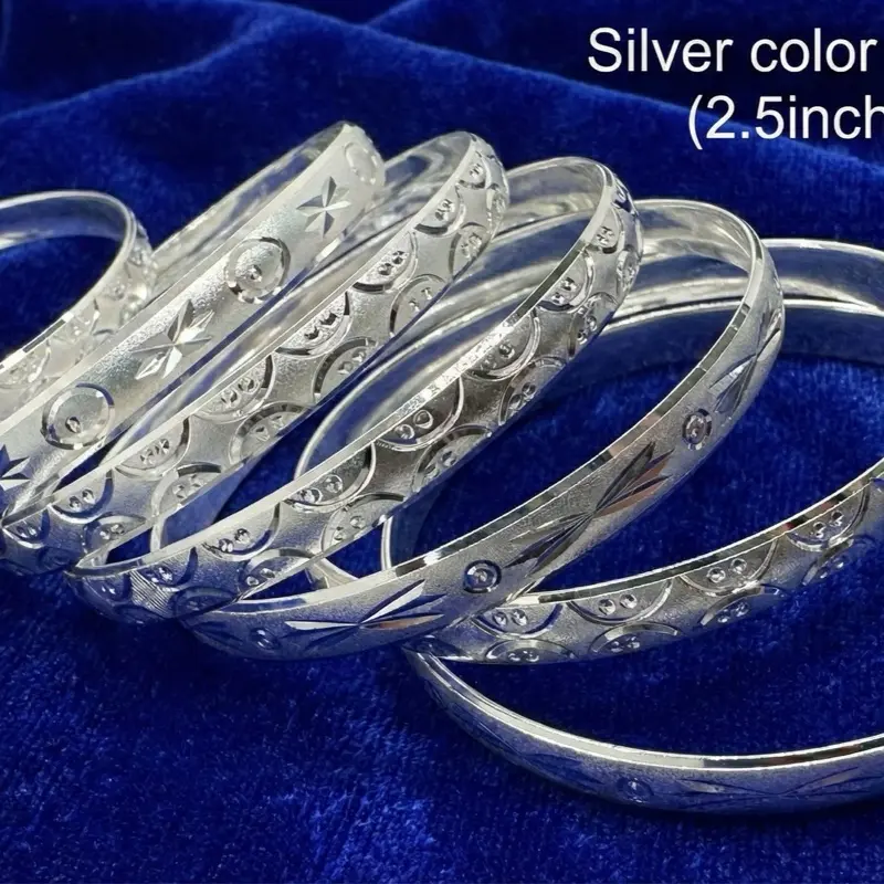 Women's GOLDX55 7-Piece Silver-Toned Stackable Bangle Bracelets - Engraved Pattern, Geometric Crosses, Faceted Shine, Boho Glam, Metal Coating, Mix & Match, Size 5, Casual Daily Wear Costume Jewelry for Women, Fashion Accessories