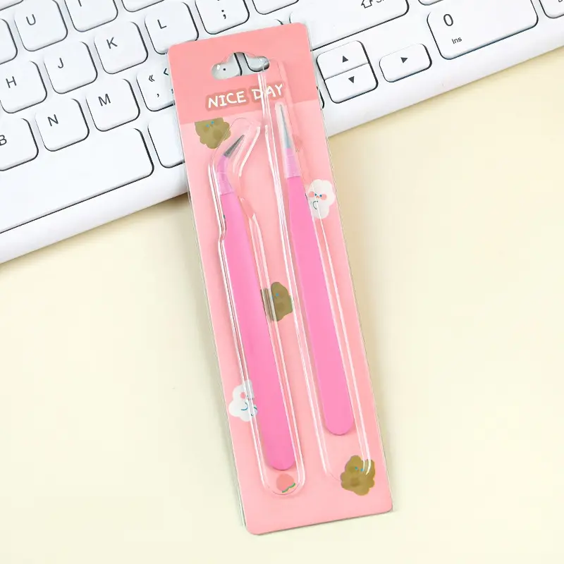 Office Stationery Hand Tool Set - 2 Pcs Carbon Steel Multifunction Tweezers (Straight & Curved Tips), Macaron Mini Clips, Pink Packaging, Small Portable Creative Craft Sticker Tool for Crafting with Kids