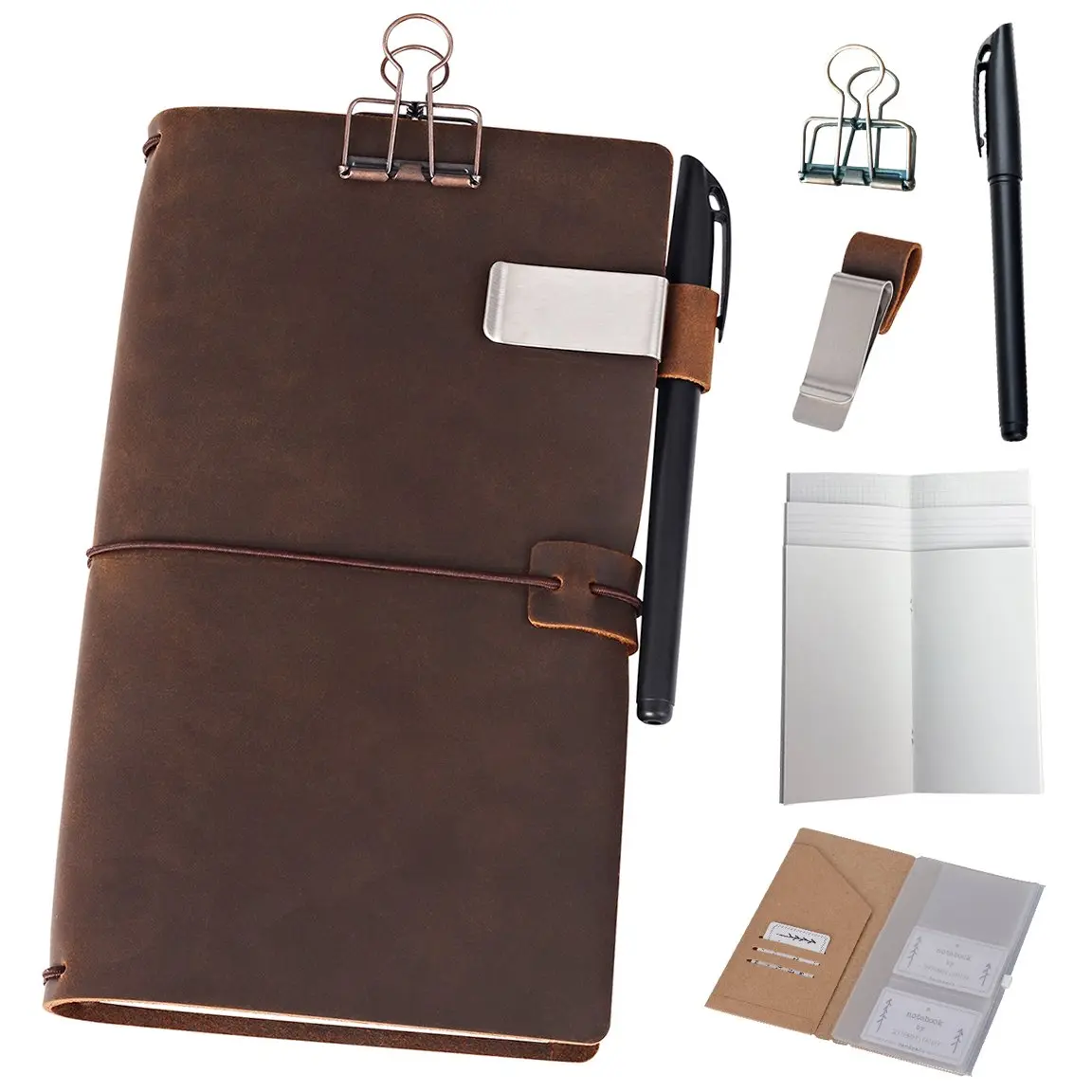Women's Genuine Leather Refillable Travel Journal - 8.5x4.5in Standard Size Brown Travelers Notebook with 5 Inserts, Pen Holder, Binder Clip, Elastic Bands, Zipper Pouch, Adults