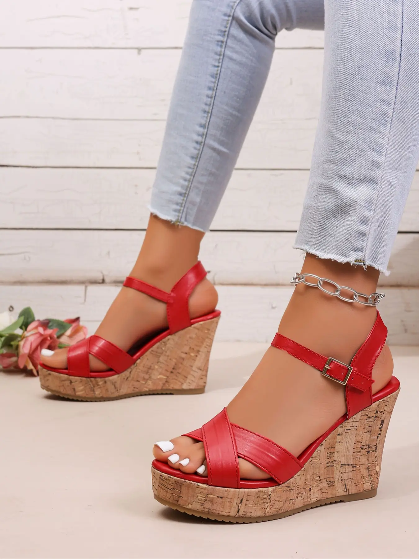 New Cross Strap Sandals for Women, Summer Fashion Stylish Thick Sole Waterproof Platform Fish Mouth Buckle Wedge Heeled High Heels, Footwear, Wedge Sandal Shoes, Fashionable Wedge Shoes