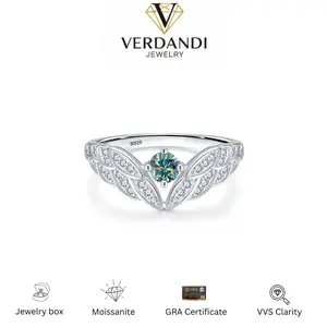 Angel Wings Synthetic Moissanite Rings in 925 Sterling Silver Green Moissanite for Women, Trendy Gothic Jewelry