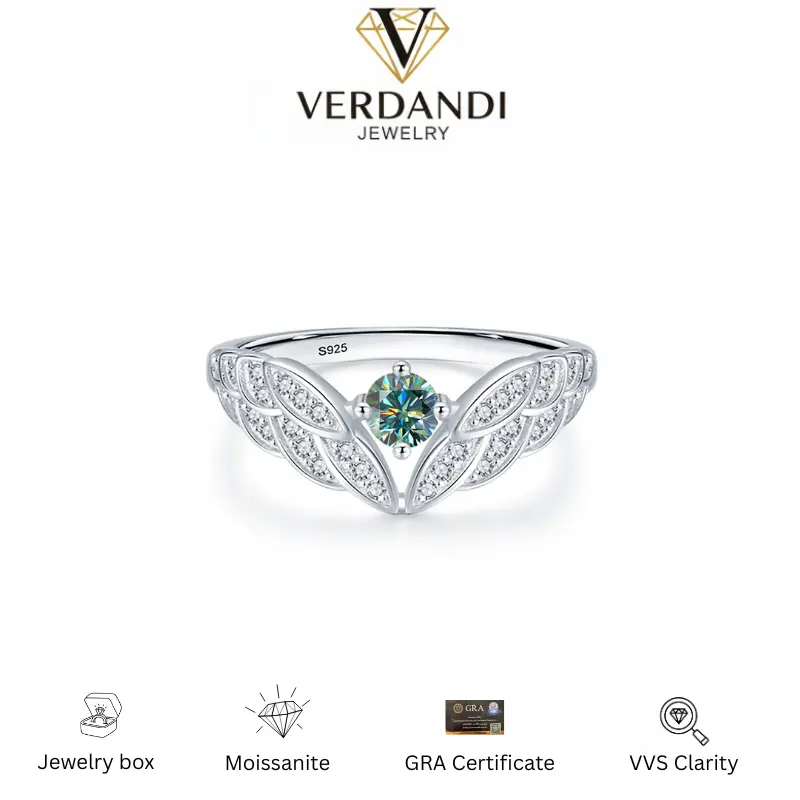 Female 925 Sterling Silver Angel Wings VVS Clarity Synthetic Green Moissanite Ring - Engagement Promise Ring, Trendy Gothic Artificial Gemstone Jewelry