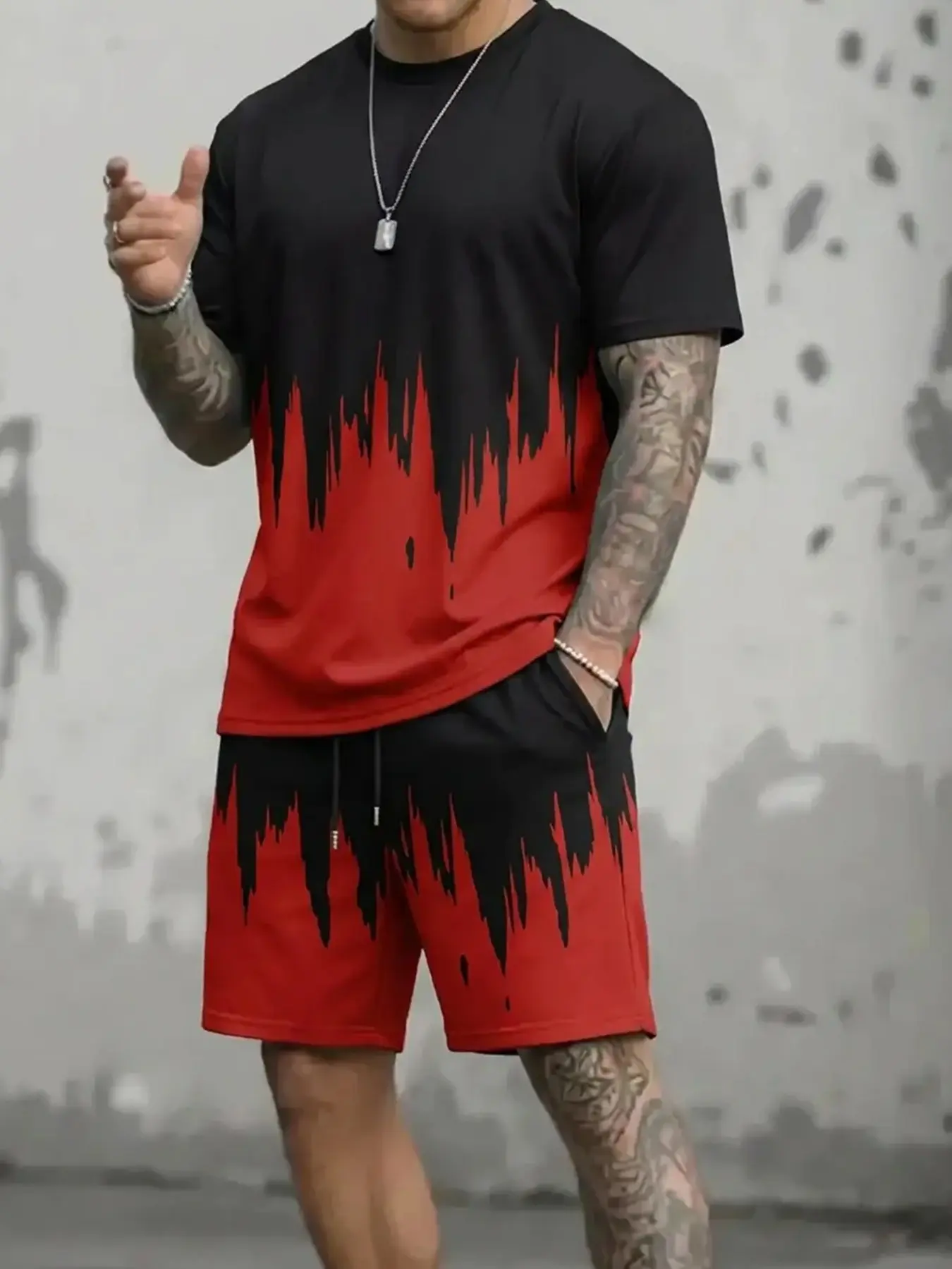 Men's Red Black Flame Graphic 2 Piece Outfit, Shorts Set, Soft Breathable Fabric Relaxed Fit Round Neck T-Shirt & Drawstring Shorts, Y2K Casual Streetwear Athleisure Menswear One Outfit Multiple Ways for Gym, Workout, Hanging Out, Summer Daily Wear
