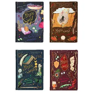 Set of 4 Magic World Journal Books, Creative Quote Vintage Portable Diary, Colorful Pages, Durable Paper, Gold Ribbon Bookmark, Travel Diary Notebook
