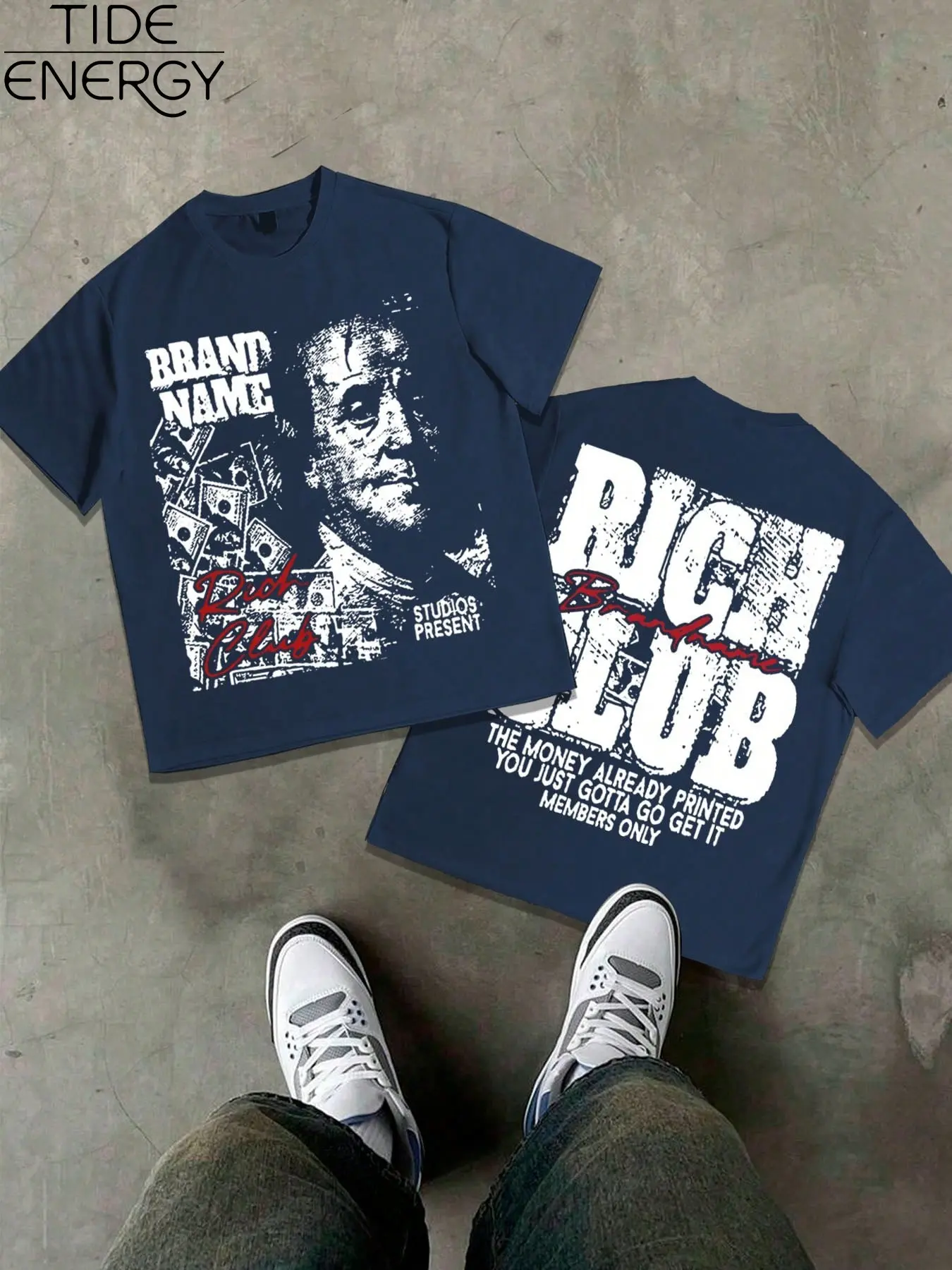 Men's Rich Club Street Style T-Shirt, Casual Style Tee, Benjamin Franklin Quote Print, Navy Oversized Top, Casual Hip Hop Short Sleeve, Loose T Shirt, Streetwear, Menswear