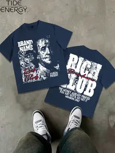 Men's Rich Club Street Style T-Shirt, Benjamin Franklin Quote Print, Navy Oversized Top, Casual Hip Hop Short Sleeve, Streetwear, Menswear