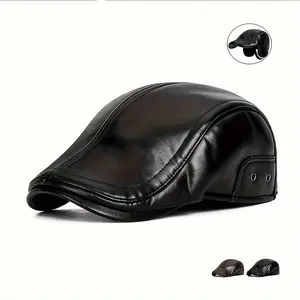 1pc Adjustable Lightweight Faux Leather Beret Cap - Breathable, Warm-Keeping Hat for Men & Women, Casual & Sporty Style, Perfect for Halloween Parties, Outdoor Activities, and Gift Giving, Versatile Headwear, Trendy Headgear, Smooth Texture