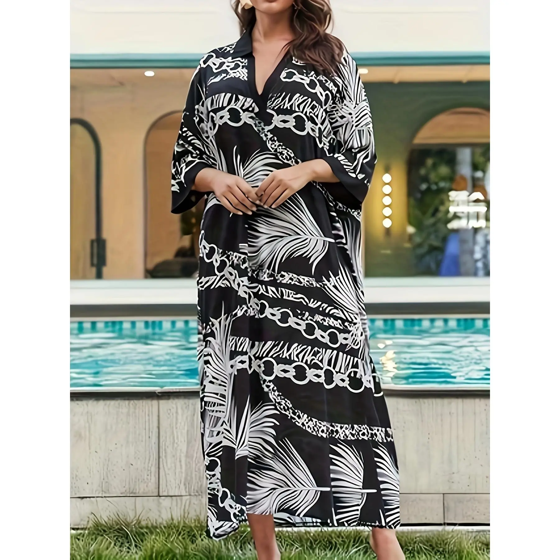 Women's Casual Leaf Print Abaya Maxi Dress - V-Neck, Half-Sleeve, Loose-Fit, Polyester-Elastane Blend, Chain Accent, High-Neck & Short-Sleeve Options, All-Seasons Wear