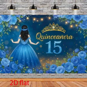 Elegant Blue Rose Quinceanera Banner, Durable Polyester Fabric, Indoor/outdoor Decoration, Floral Theme, Easy Installation
