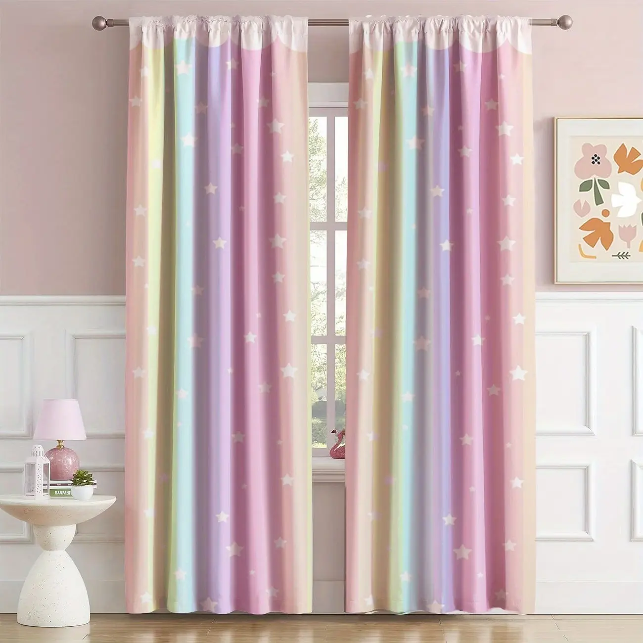 2 pieces gradient rainbow star print curtains, Home Decorative Curtain, brushed fabric, filter light, UV-protective, home decoration with pocket design, suitable for dining & living rooms