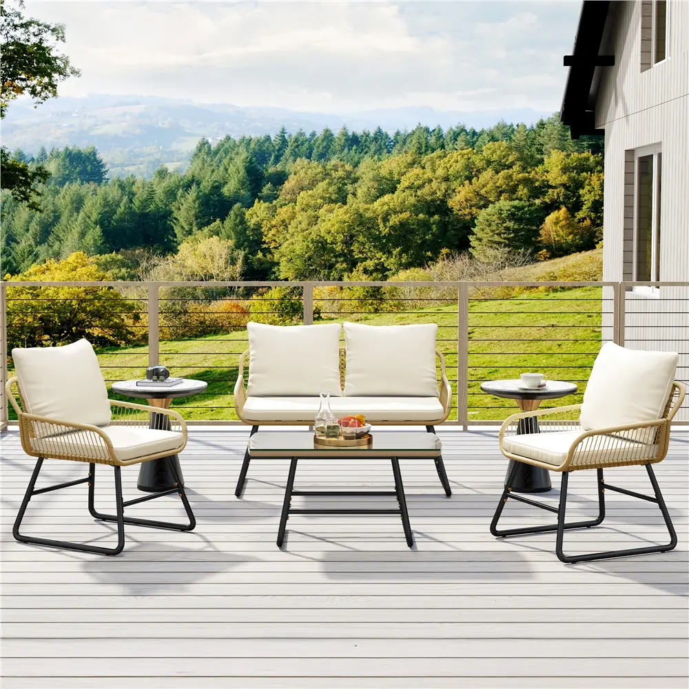 Yaheetech Stable 4-Piece Patio Bistro Set - Ergonomic Heavy-Duty Woven Mesh Boho Loveseat, 2 Conversation Chairs & Table with Cushions & Pillows for Balcony, Garden Party, Multi-Seat Outdoor Furniture Sets