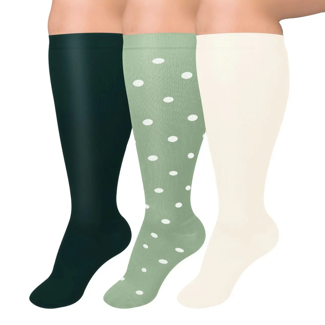 Women's Plus Size Wide Calf Compression Socks - 3 Pairs Nylon All Season Mild Support, Soft Simple Leg Wear for Day Outdoor Nursing Travel, Solid Polka Dot, Athletic Casual Outfits, 2XL, Combination 5