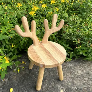cute deer shaped solid wood stool, chair, entrance shoe stool, reading stool - natural veneer, made of natural rubber wood, sturdy and durable