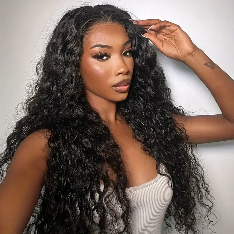 Lush Haute 【Special Offer】Water Wave Lace Front Wig Pre-plucked Lace Front Wig 180% Density Heat Resistant Hair 13X6 Lace Front Wig Natural Black for Daily Wear synthetic lace clean hairline