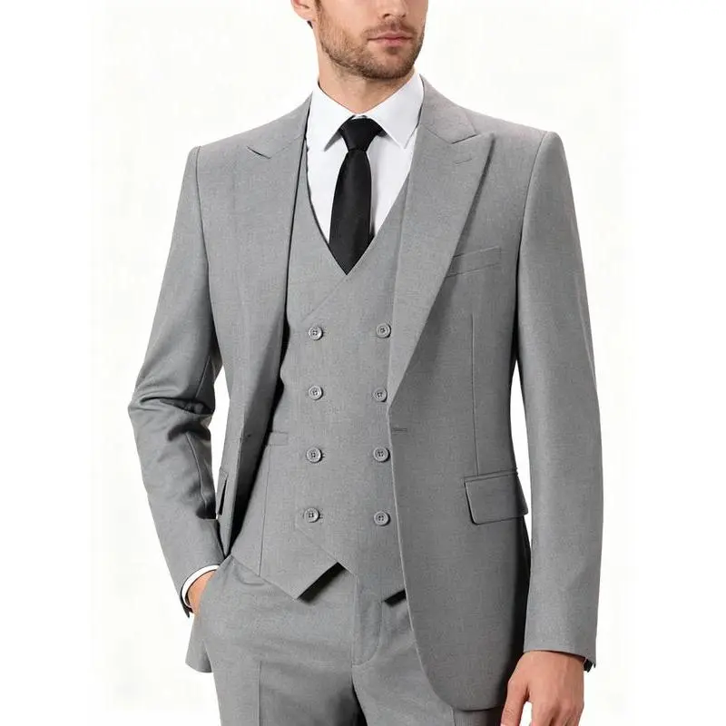 Men's 3-Piece Slim Fit Double-Breasted Button Blazer Suit Set - Formal Premium Tailored Soft Fabric, Long-Sleeve Plain Top, Matching Trouser, Tie, Lapel Pin, Pocket Square for Wedding, Business, Evening, Textured Woven Fabric