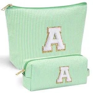 2-Pcs Embroidered Letter Makeup Bag  Aesthetic Daily Beauty Pouch Spacious Travel Toiletry Organizer  Portable Beauty Essential Storage Case