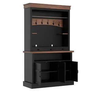 72 Inch Tall Coffee Bar Cabinet, Farmhouse Coffee Nook Station with Led Lights, 6 Hooks, Drawers and Cabinets, Kitchen Hutch Cabinet Buffet Cabinet for Dining Room, Black