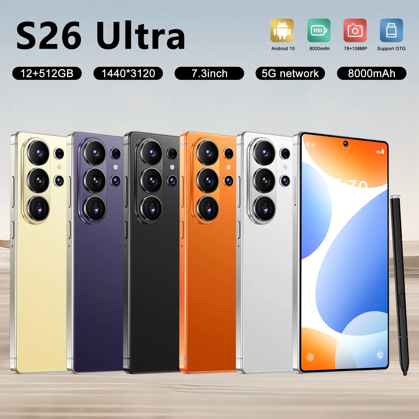 2026 S26 Ultra Unlocked 5G Smartphone - 12GB+512GB, Android 15, 8000mAh Battery, Built-in Pen, Complete Gift Set for Men/Women