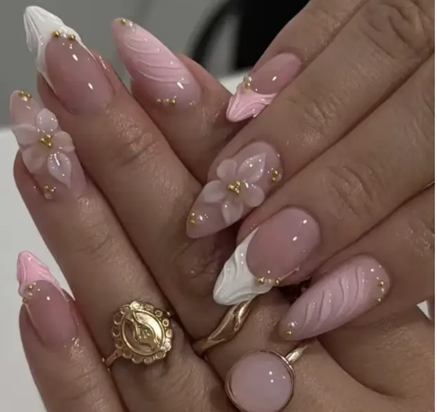 Kids 24PCS Pink Almond Press on Nails Full Cover Carved Flower 3D Ripples French Fake Nails for Kids with Golden Pearl Wearable Nail kid