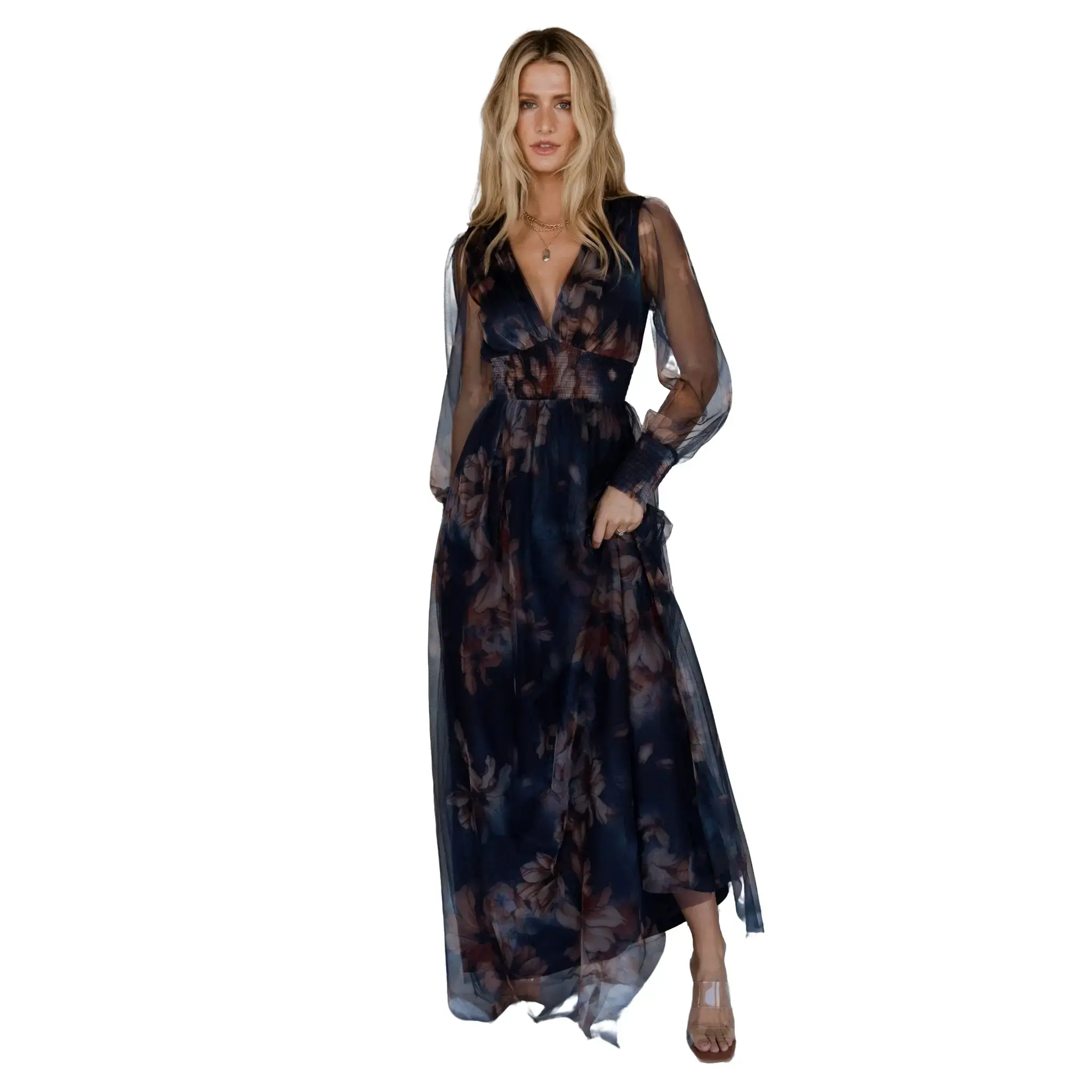 Women's Layla Tulle Maxi Dress - Dark Blue Floral, Shell Fabric, Lightweight, Elegant, Comfortable Fit, Casual Wear