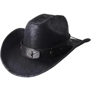 Women Men Leather Western Hat Cowboy Hat Cowgirl hat Wide Brim Hat with Lanyard