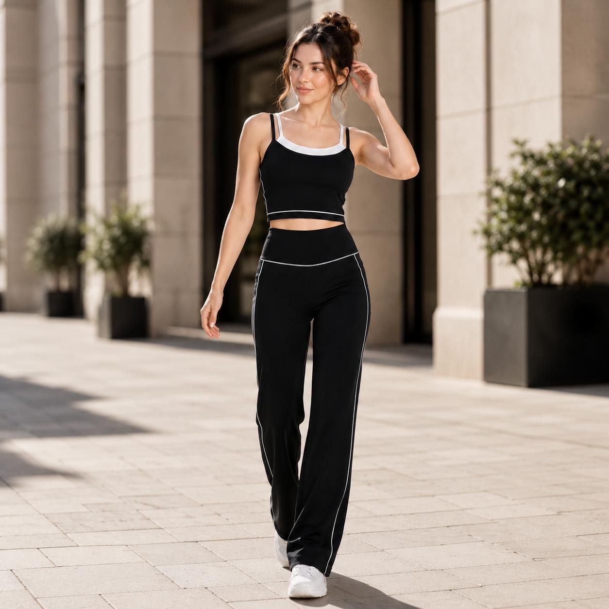 JOJOANS Women's Yoga Set 2 Piece Matching Outfit, Faux Twinset Built-In Bra Tank Top, High Waisted Wide Leg Pants with Pockets, Tummy Control Butt Lifting Stretch Workout Athleisure Lounge Set for Gym Travel Summer