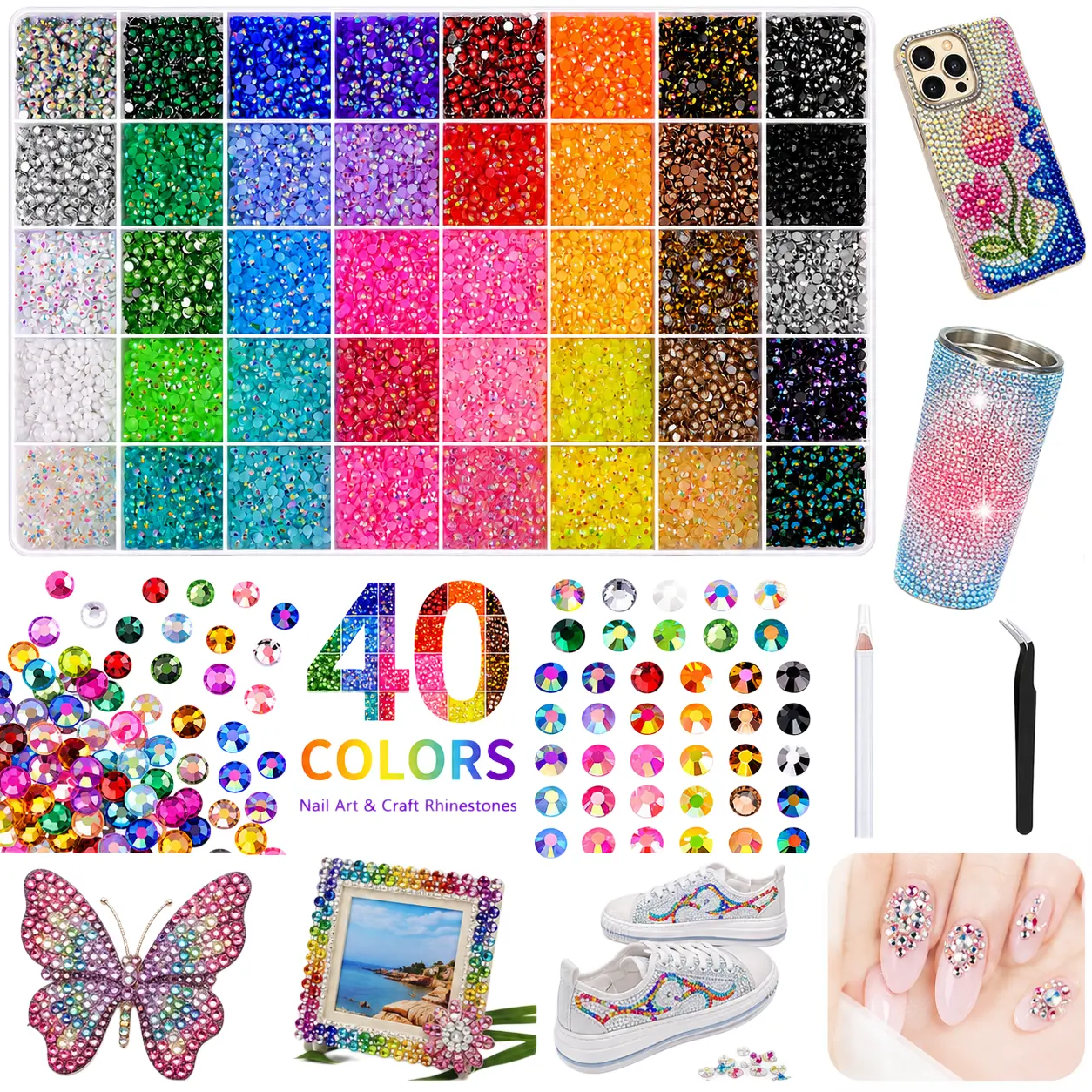 40000Pcs Jelly Rhinestones synthetic beads With Kit for Bedazzling 3mm Multicolor synthetic beads   beads for Art Bedazzler Kit for Crafting Book Shoes Nail Art Glitter Decorative Nails Glam Pack Glitter flatback