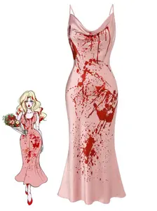 PINK 1930S CARRIE HALLOWEEN BLOOD FISHTAIL DRESS Formal Fit Polyester Women Medium Print Fit Womenswear