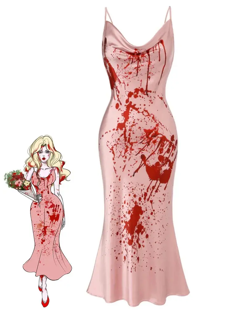 Women's 1930s Pink Kitschy Casual Carrie Print Halloween-Themed Blood Splatter Fishtail Gown, Sleeveless Spaghetti Strap, Formal Fit, Polyester, Calf-Length, Medium Lady Casual Wear Dress Fit Womenswear