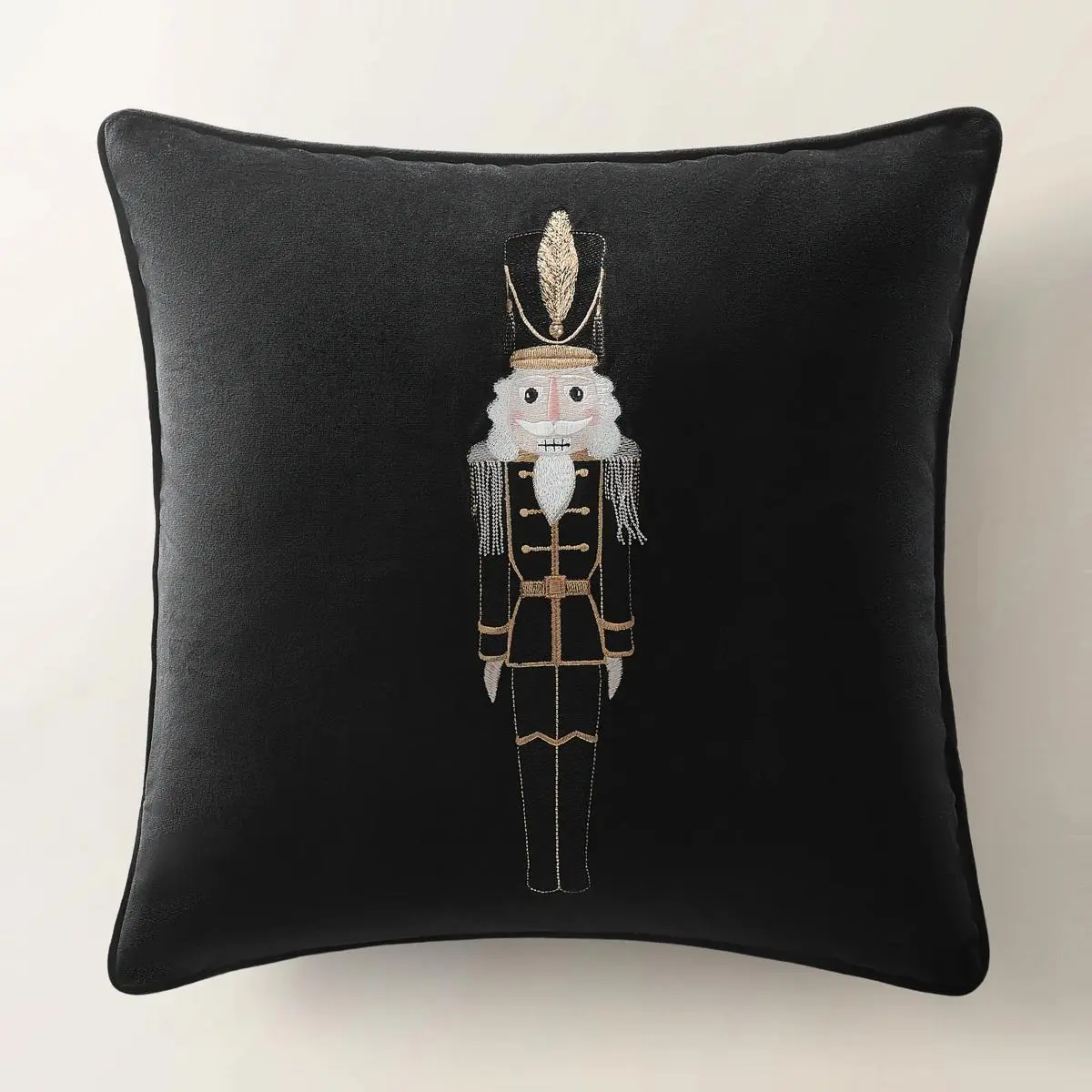 Z Gallerie Exclusive Classic Embroidered Velvet Polyester Nutcracker Holiday Pillow - 20in, Black, Pearl, Burgundy with Embellishments for Holiday Decor