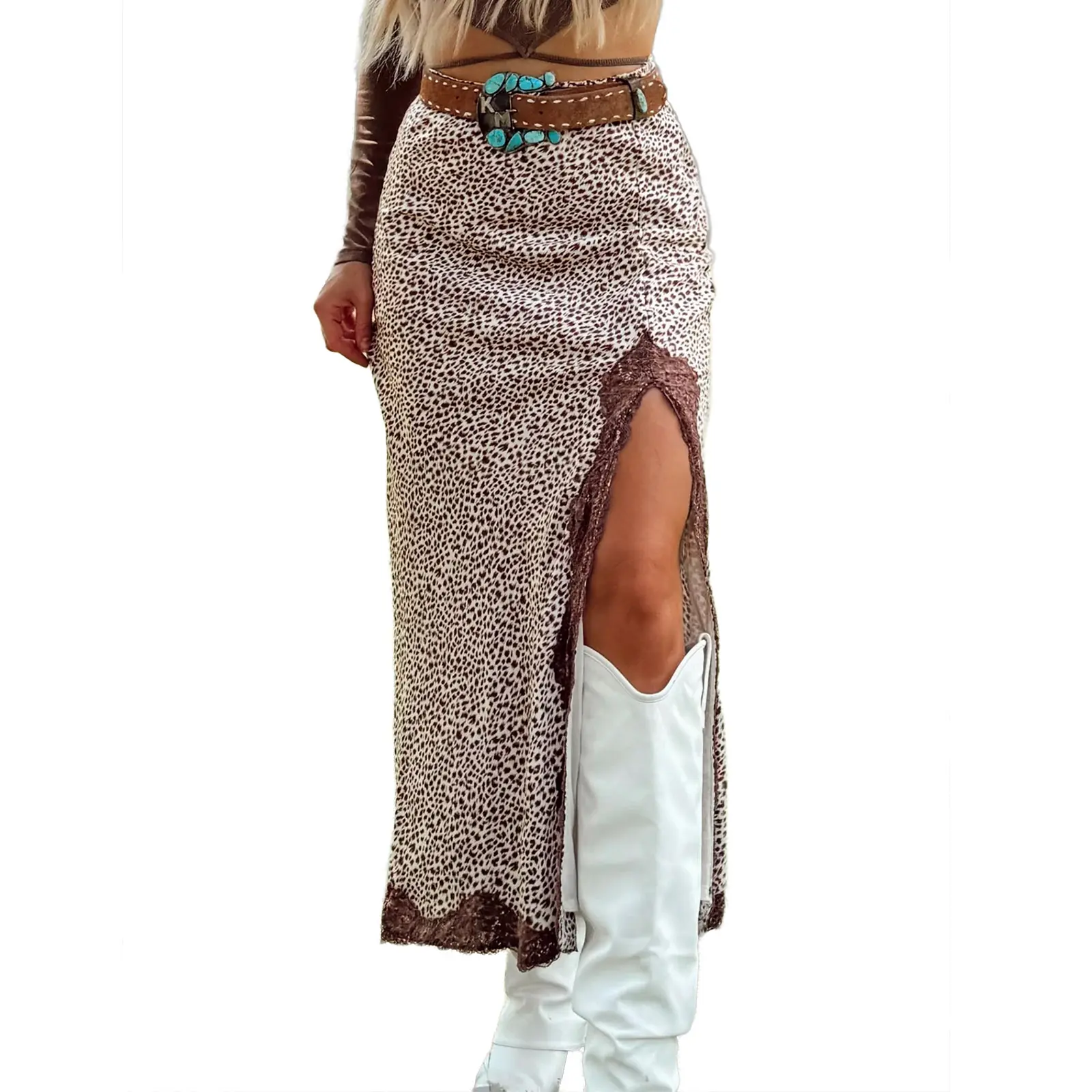 Hotapei Leopard Print High Waisted Maxi Skirts for Women Side Slit Lace Trim Long Skirt Casual Flowy Straight Boho Western Style Floral Pattern Vintage Y2K Aesthetic Elegant Vacation Outfit Trendy Summer Autumn Cute Streetwear Fashion Apparel
