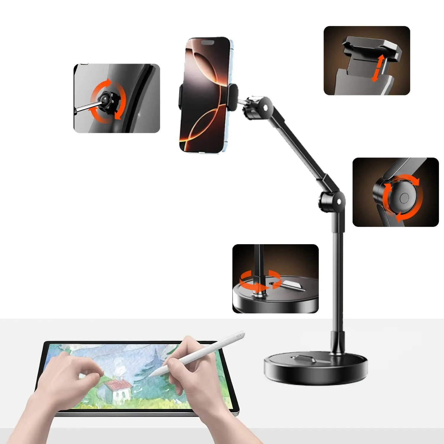 Overhead Mobile Phone Holder Mounting Bracket - 2-in-1 Adjustable, 762g Solid Base, 360° Rotatable Arm, Mobile Phone Accessories for Creators’ Broadcast, Study, Daily Use