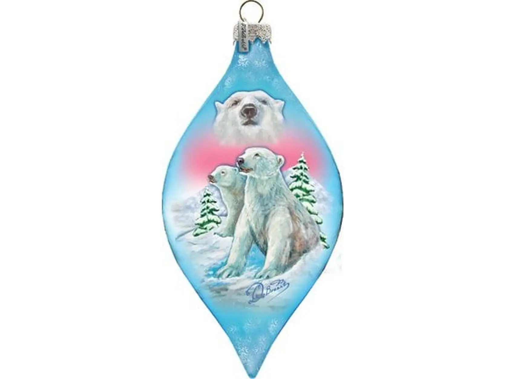 GDeBrekht 74178 Hand-Painted Palekh Artistic Technique Satin Polar Bear Glass Ornament Drop, Christmas Tree Decoration, Ribbon-Accented Collectible Holiday Home Decor Gift, 3.5 X 3 X 5.5 In., Drop Shape